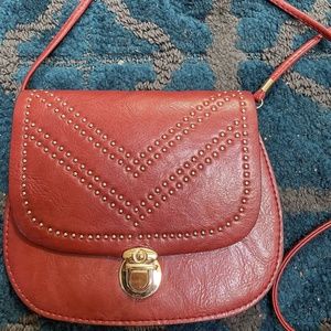 Small Burgundy Red Crossbody Purse Gold Studded Flap Closure - NR